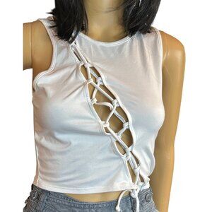 OG Babe Womens Lace Up Sleeveless Tank Top in White Small Y2K Grunge Edgy